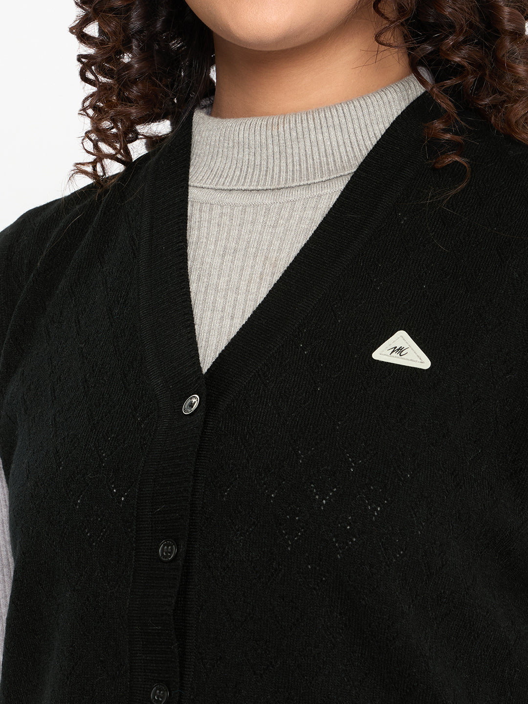 Women Black Self Design V Neck Sleeveless Cardigan