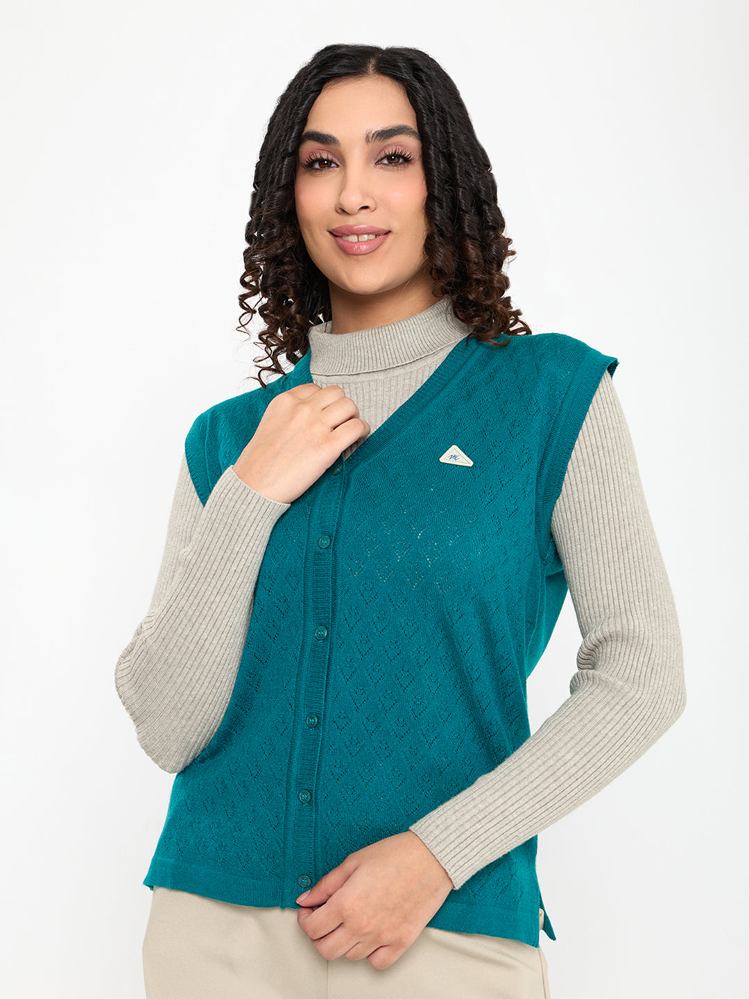 Women Teal Blue Self Design V Neck Sleeveless Cardigan
