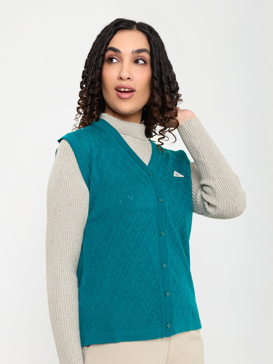 Women Teal Blue Self Design V Neck Sleeveless Cardigan
