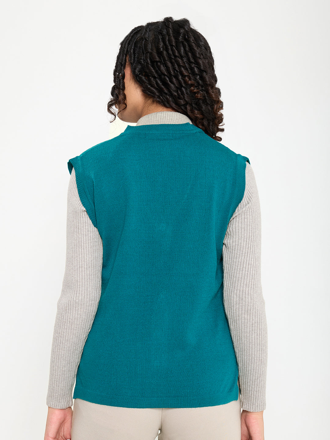 Women Teal Blue Self Design V Neck Sleeveless Cardigan