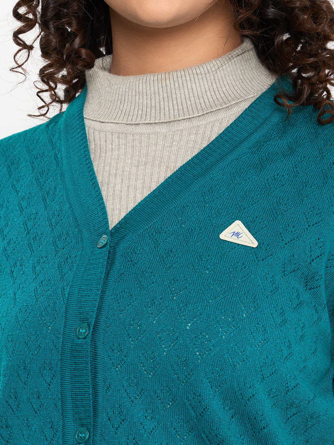 Women Teal Blue Self Design V Neck Sleeveless Cardigan