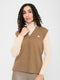 Women Camel Brown Self Design V Neck Sleeveless Cardigan