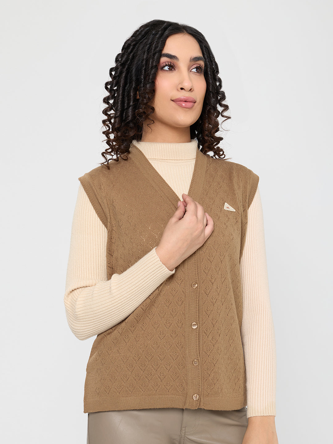 Women Camel Brown Self Design V Neck Sleeveless Cardigan