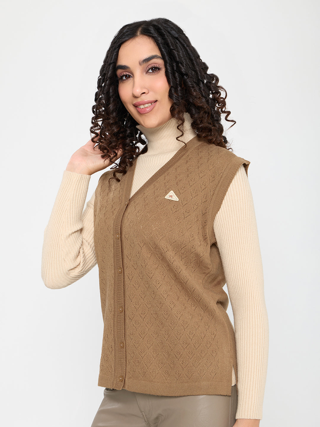 Women Camel Brown Self Design V Neck Sleeveless Cardigan