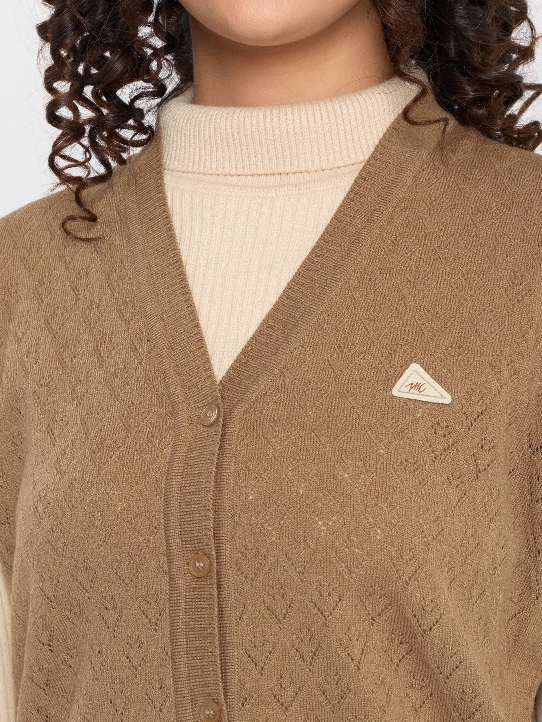 Women Camel Brown Self Design V Neck Sleeveless Cardigan