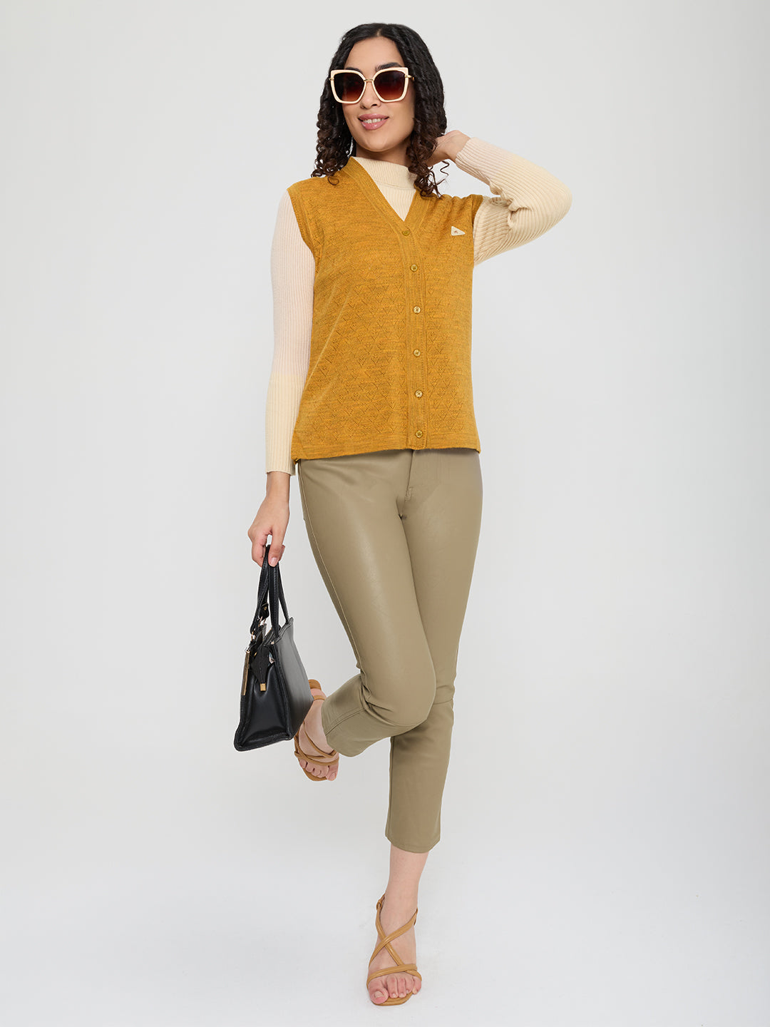 Women Mustard Self Design V Neck Sleeveless Cardigan