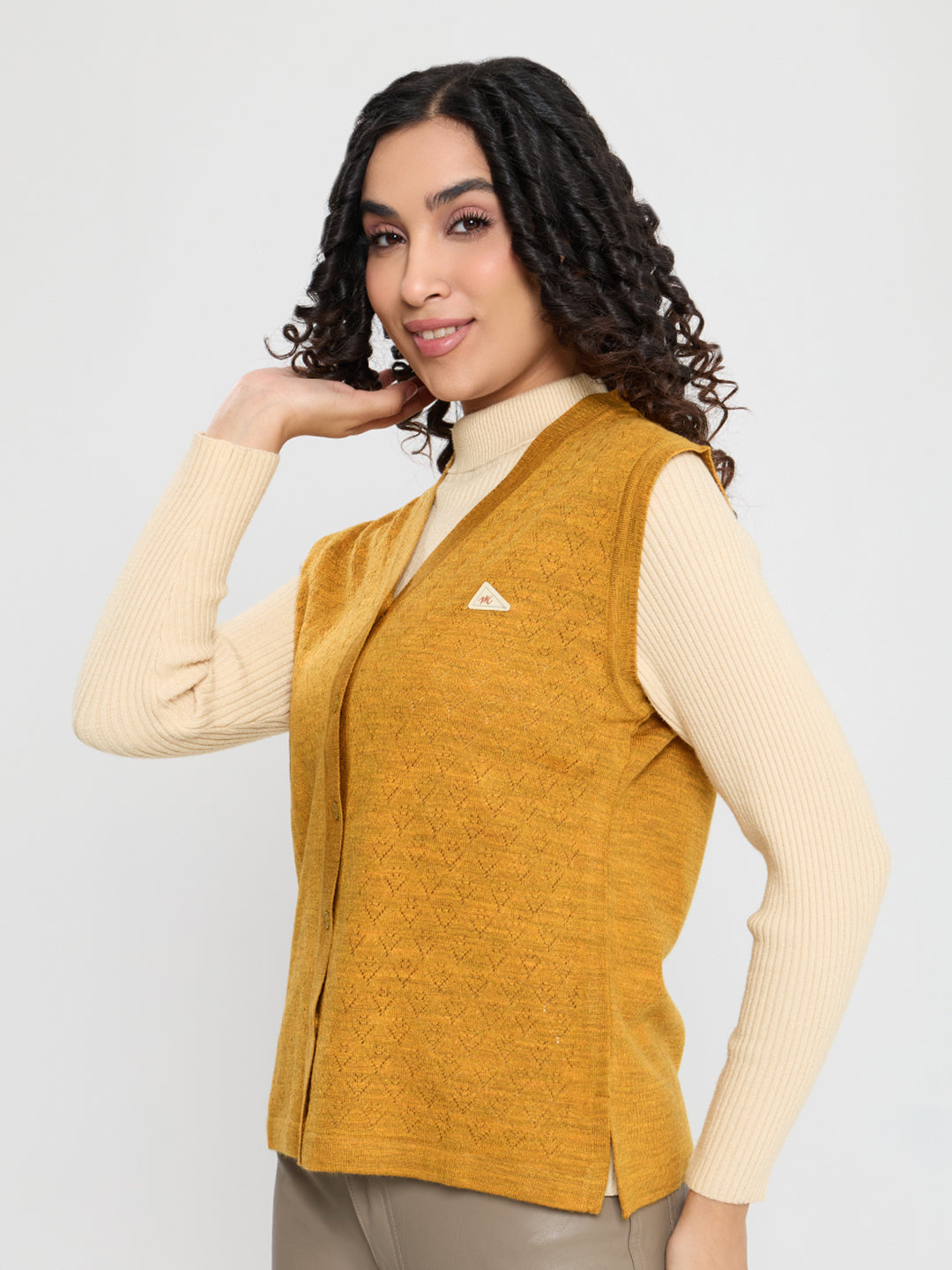 Women Mustard Self Design V Neck Sleeveless Cardigan