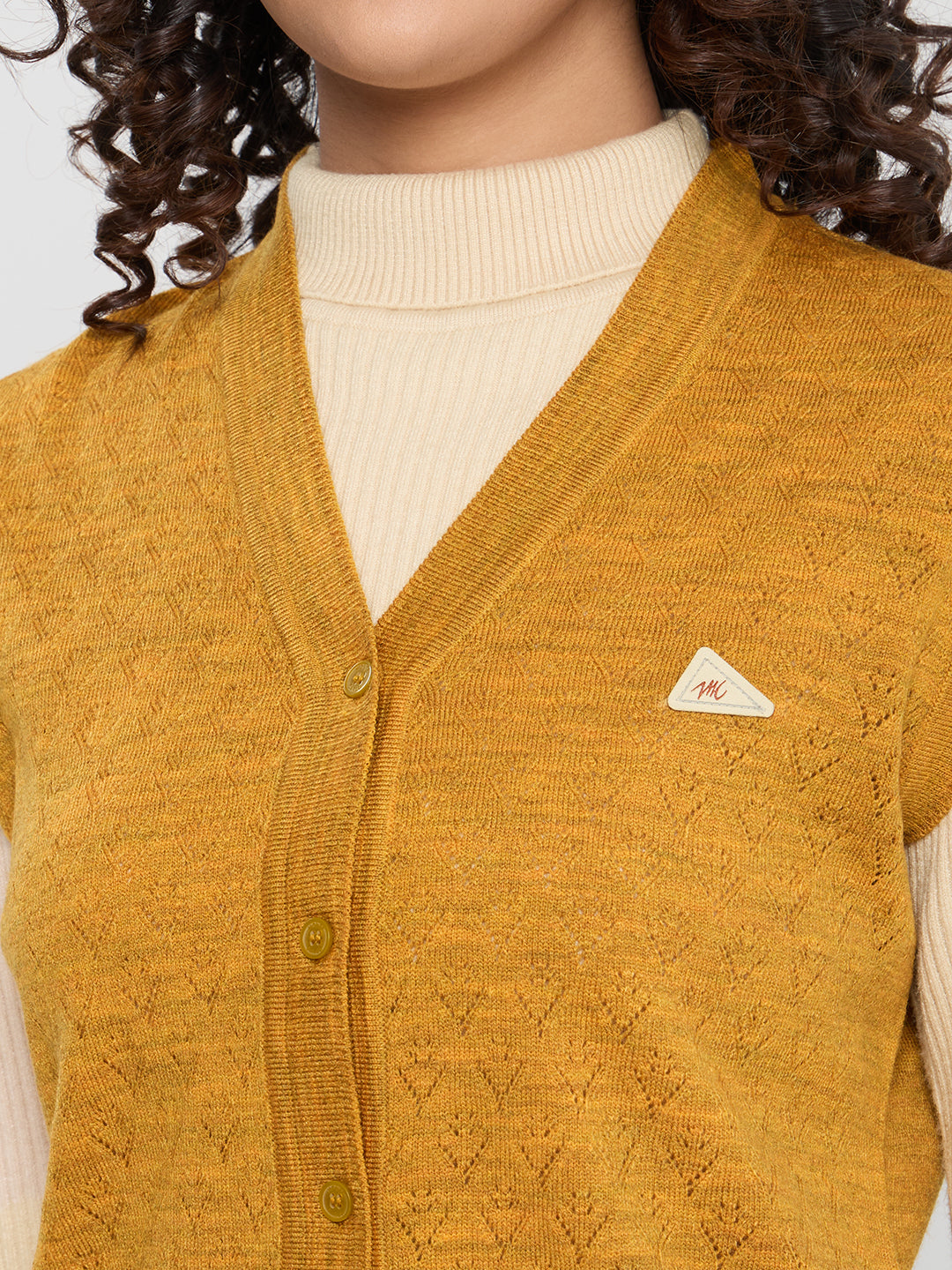 Women Mustard Self Design V Neck Sleeveless Cardigan