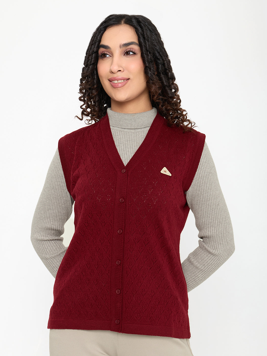 Women Maroon Self Design V Neck Sleeveless Cardigan