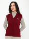 Women Maroon Self Design V Neck Sleeveless Cardigan
