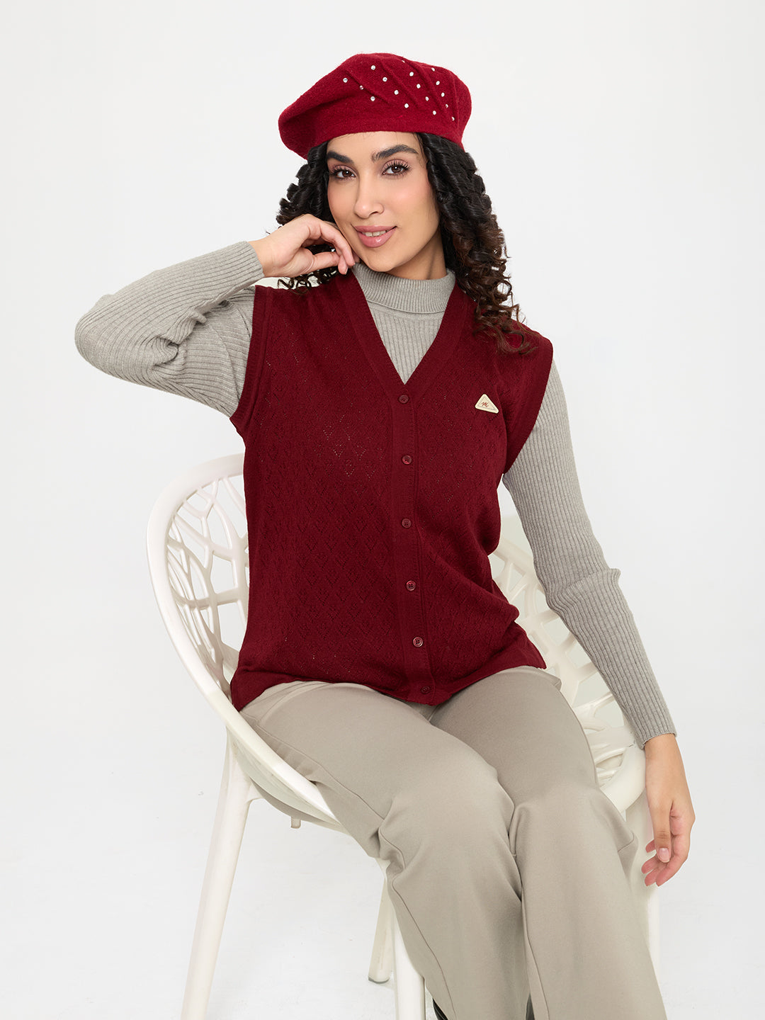 Women Maroon Self Design V Neck Sleeveless Cardigan