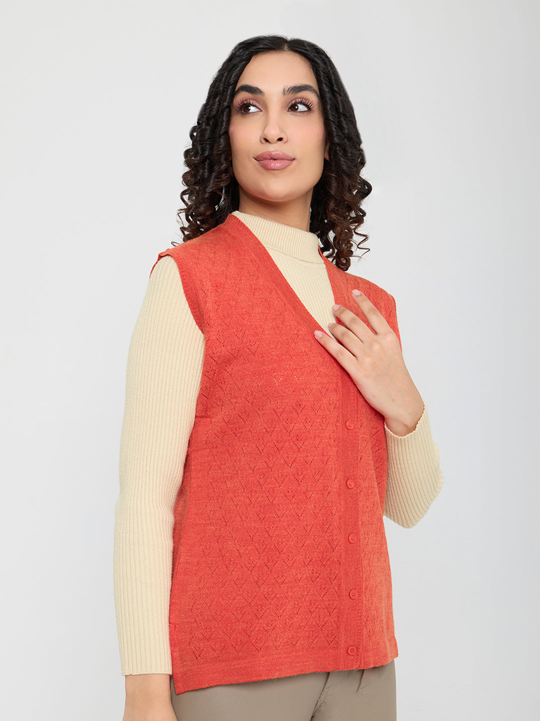 Women Coral Self Design V Neck Sleeveless Cardigan