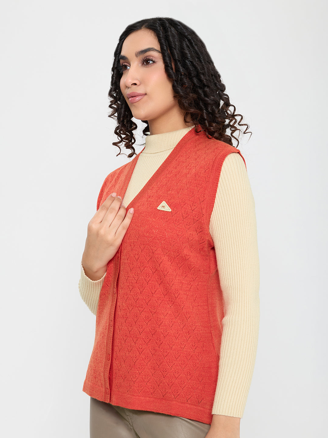 Women Coral Self Design V Neck Sleeveless Cardigan