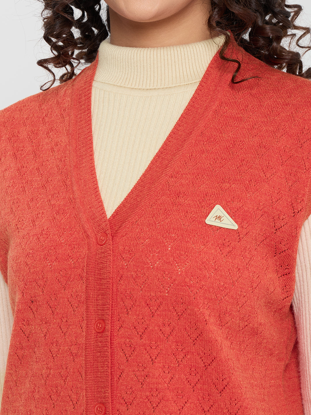 Women Coral Self Design V Neck Sleeveless Cardigan