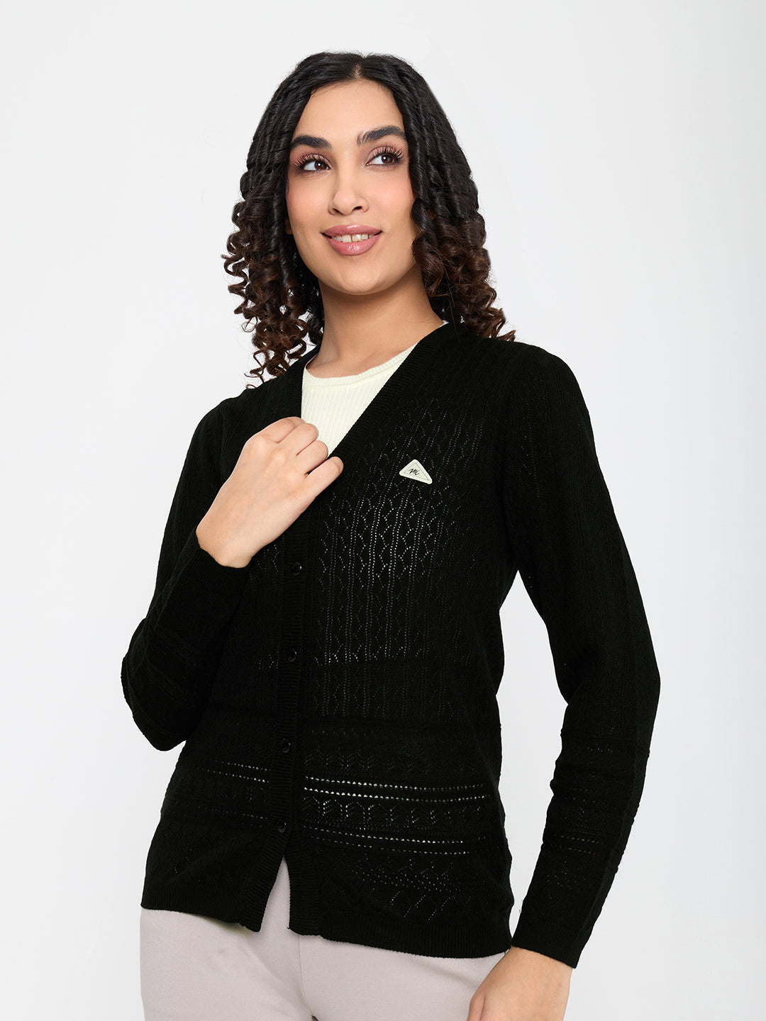 Women Black Self Design V Neck Full Sleeve Cardigan