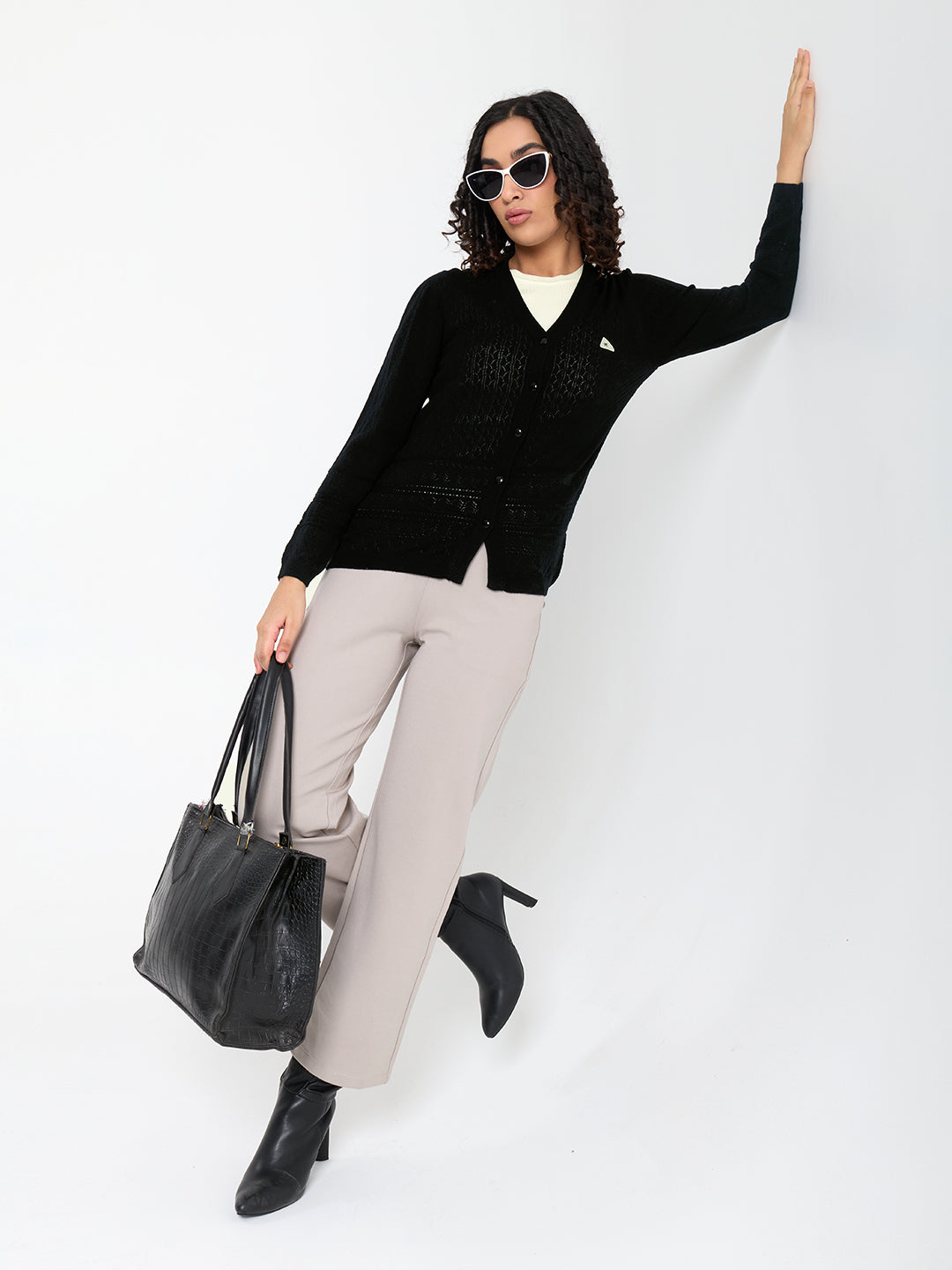 Women Black Self Design V Neck Full Sleeve Cardigan