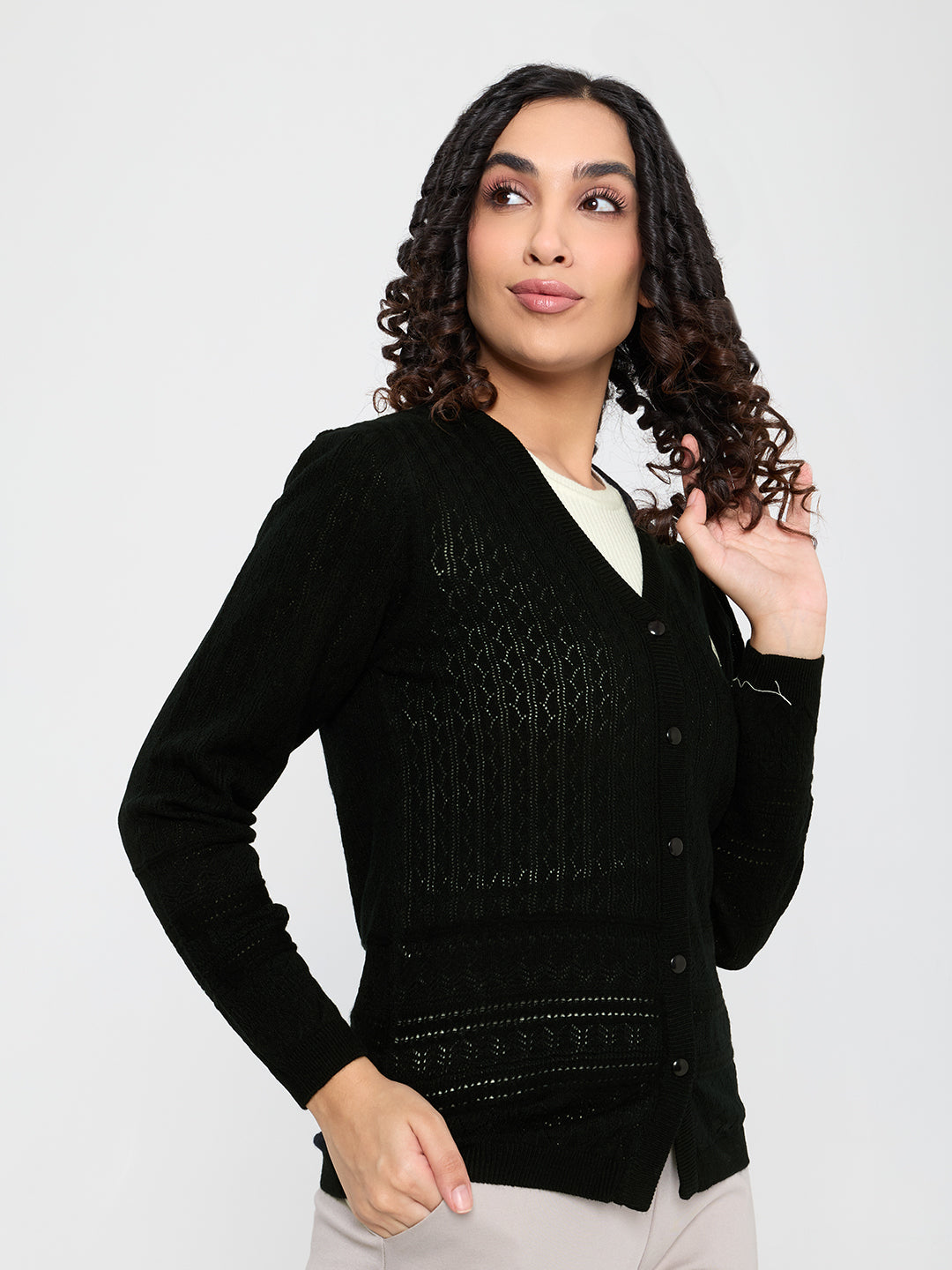 Women Black Self Design V Neck Full Sleeve Cardigan
