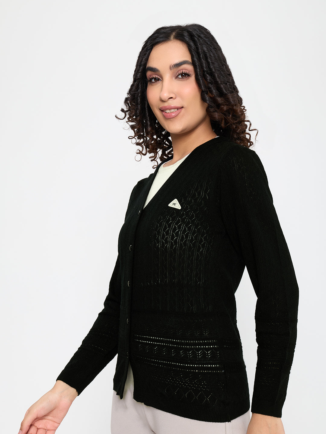Women Black Self Design V Neck Full Sleeve Cardigan
