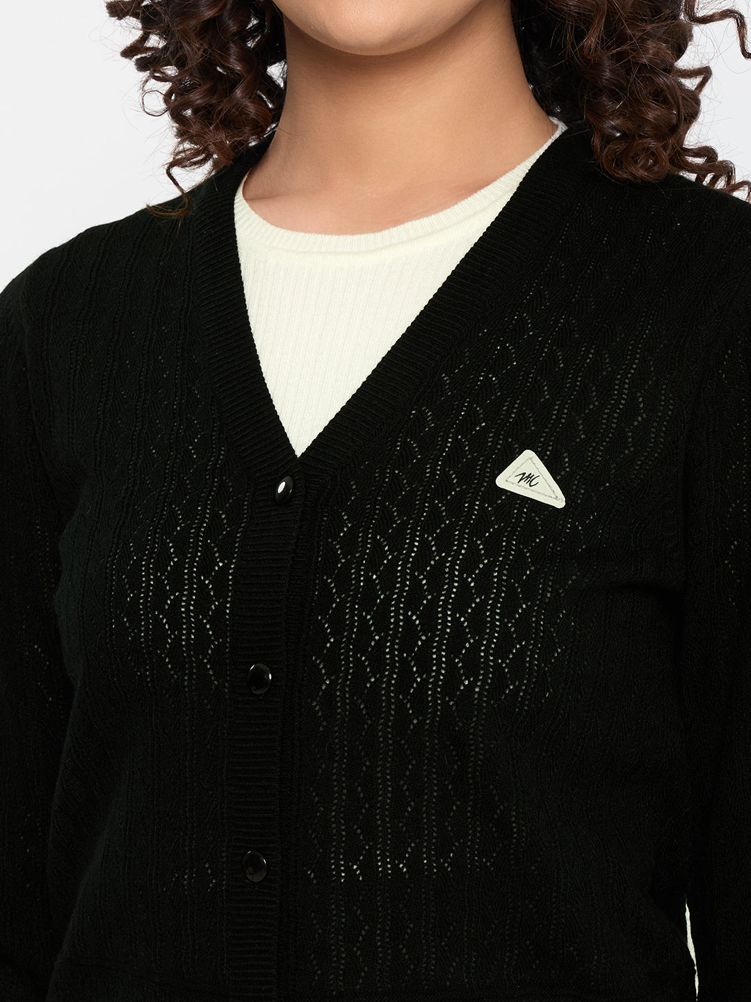 Women Black Self Design V Neck Full Sleeve Cardigan