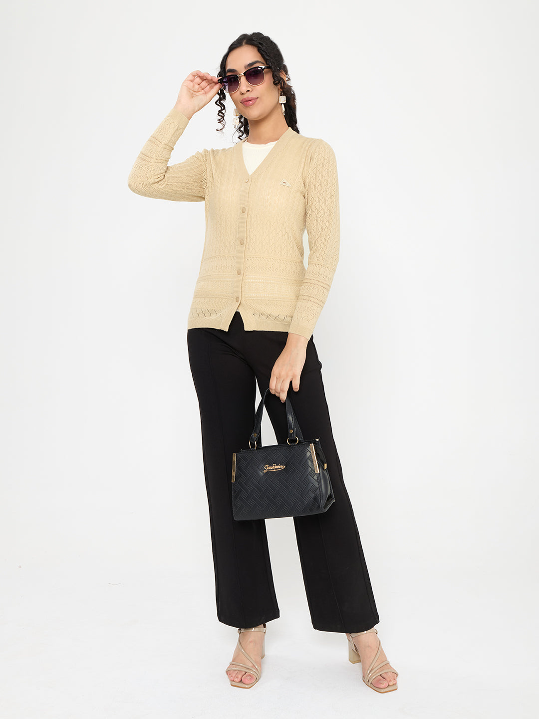 Women Beige Self Design V Neck Full Sleeve Cardigan