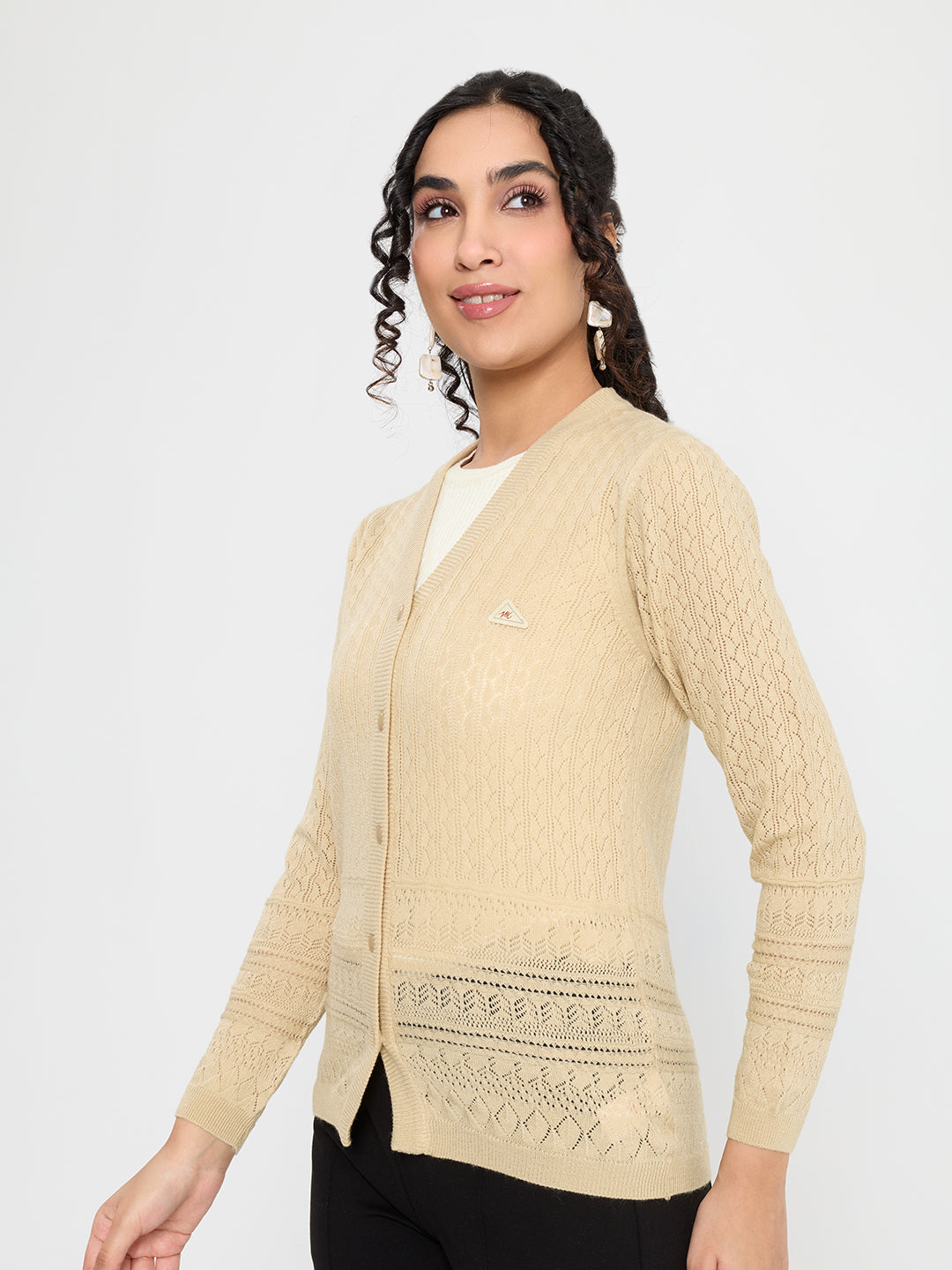 Women Beige Self Design V Neck Full Sleeve Cardigan