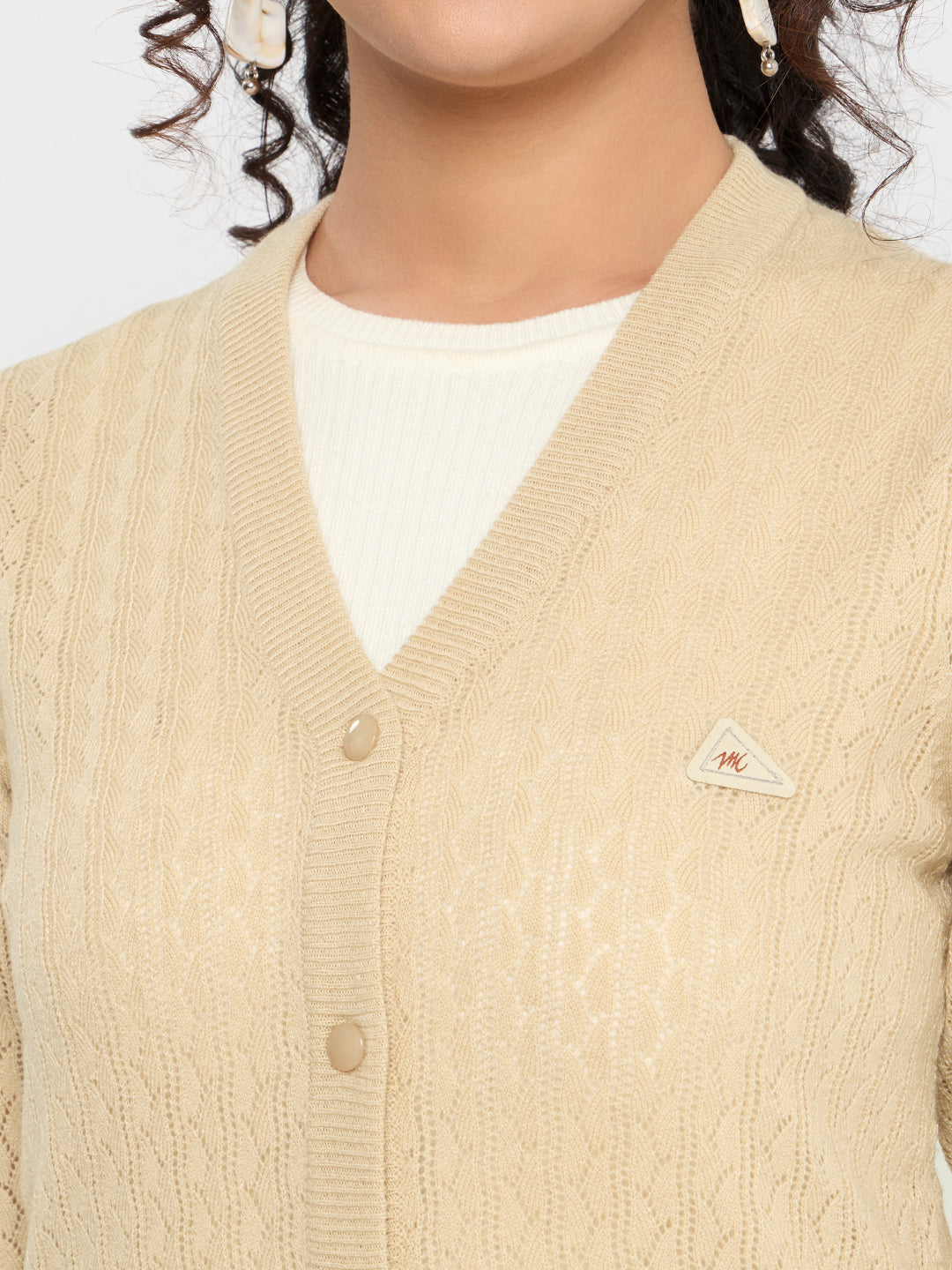 Women Beige Self Design V Neck Full Sleeve Cardigan