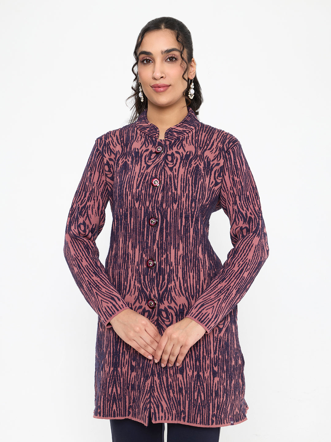 Women Purple Self Design Mandarin Collar Full Sleeve Knitted Coat