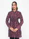 Women Purple Self Design Mandarin Collar Full Sleeve Knitted Coat