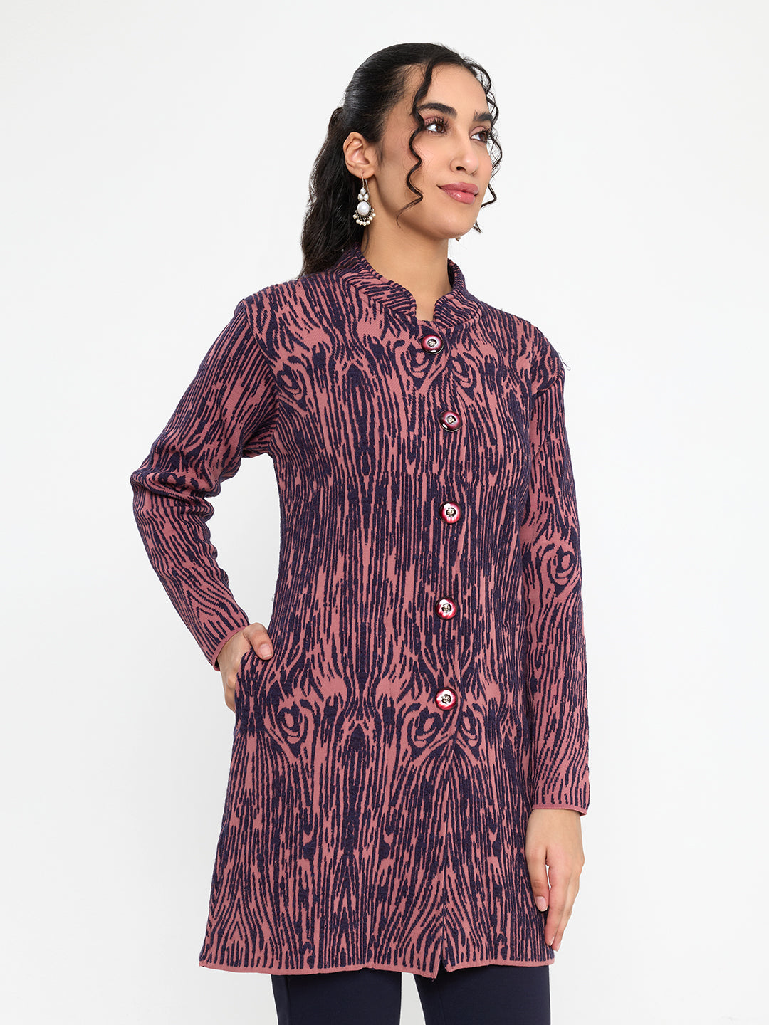 Women Purple Self Design Mandarin Collar Full Sleeve Knitted Coat
