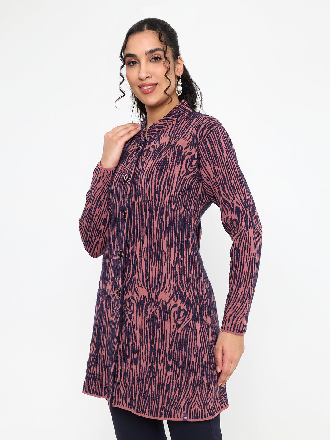 Women Purple Self Design Mandarin Collar Full Sleeve Knitted Coat