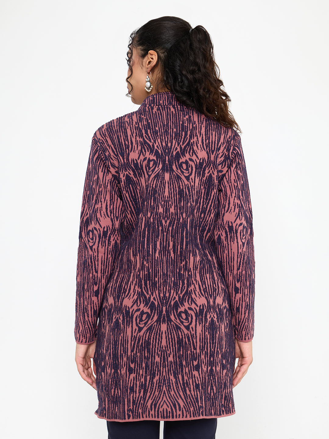 Women Purple Self Design Mandarin Collar Full Sleeve Knitted Coat