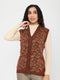 Women Rust Self Design V Neck Sleeveless Cardigan
