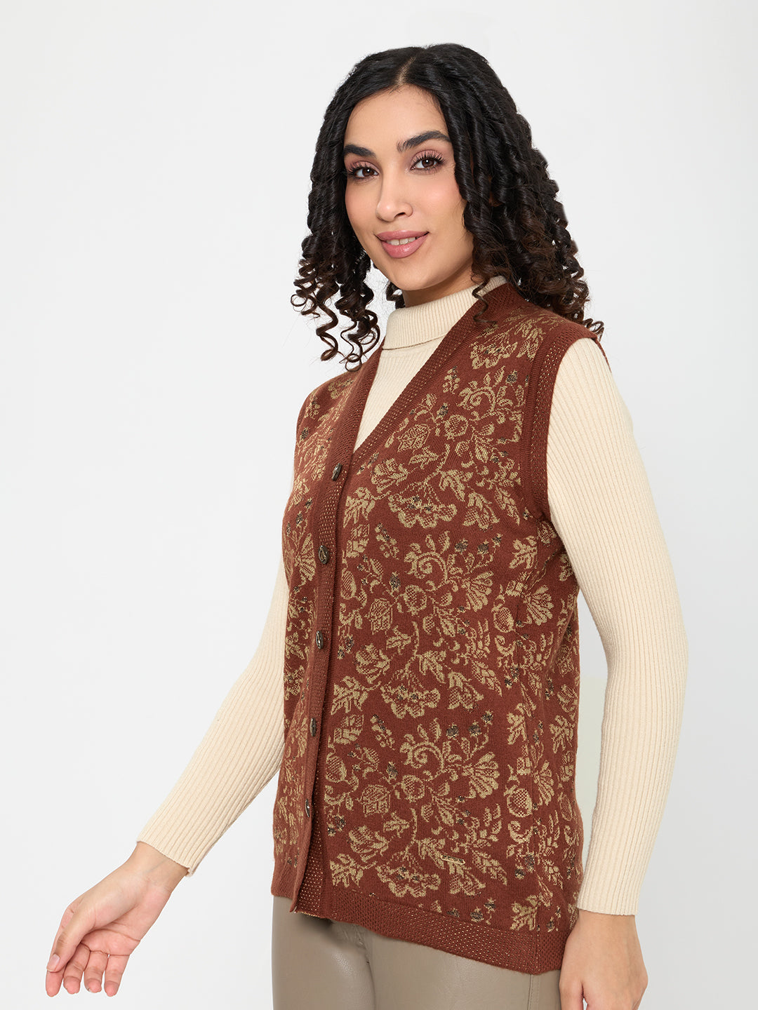 Women Rust Self Design V Neck Sleeveless Cardigan