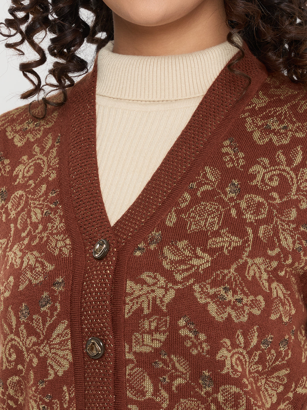 Women Rust Self Design V Neck Sleeveless Cardigan