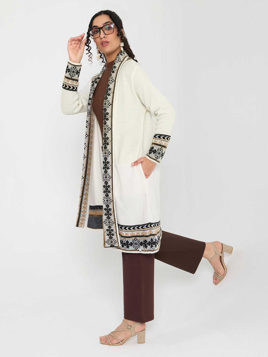 Women White Self Design V Neck Full Sleeve Cardigan