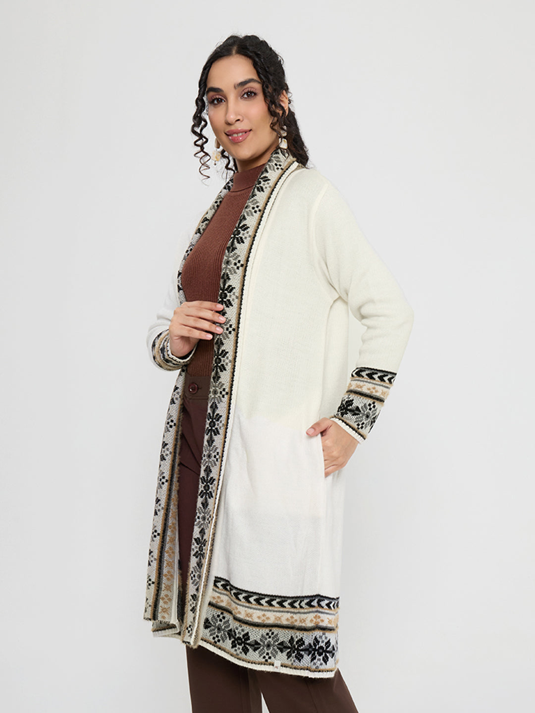 Women White Self Design V Neck Full Sleeve Cardigan