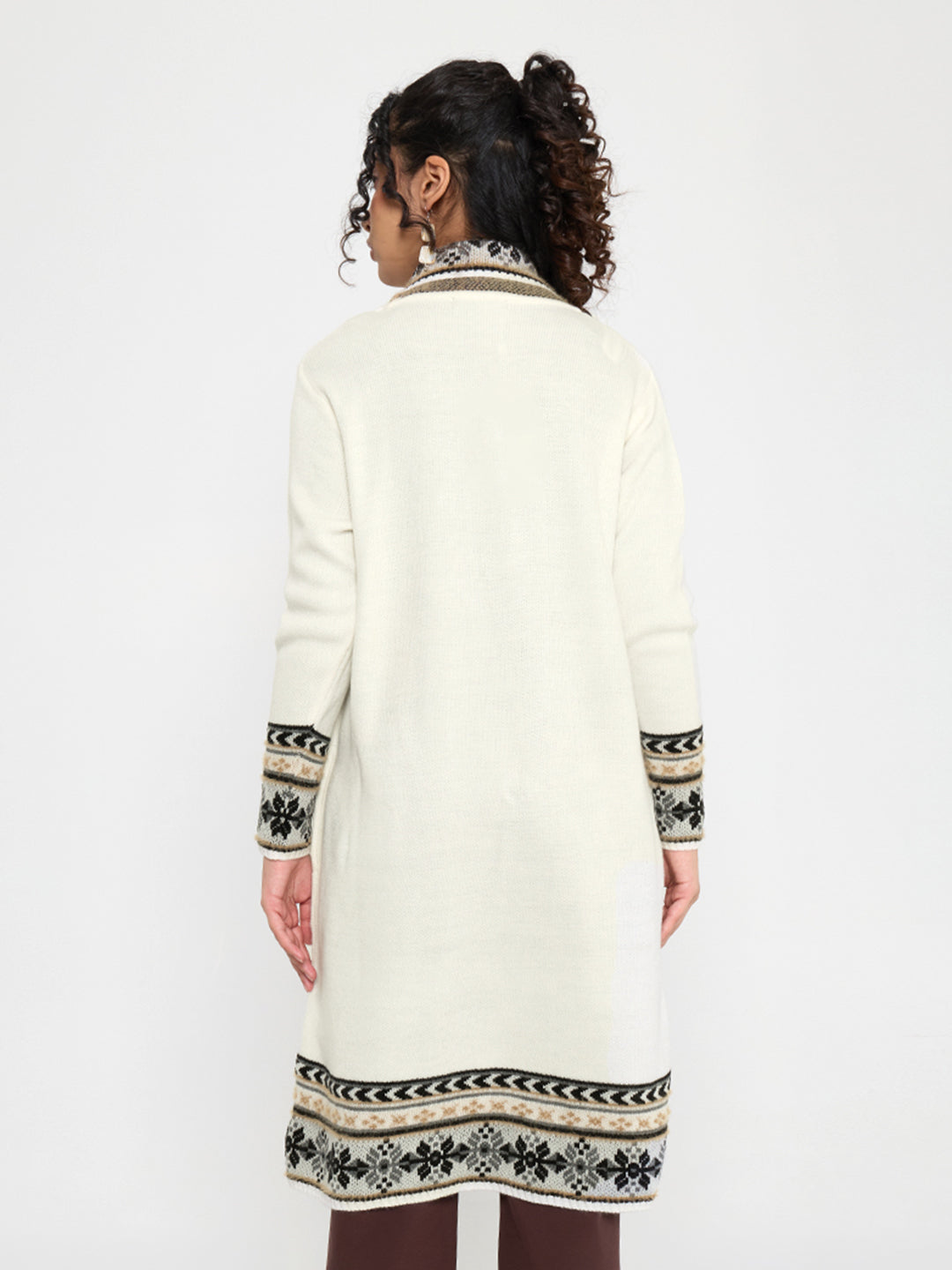 Women White Self Design V Neck Full Sleeve Cardigan