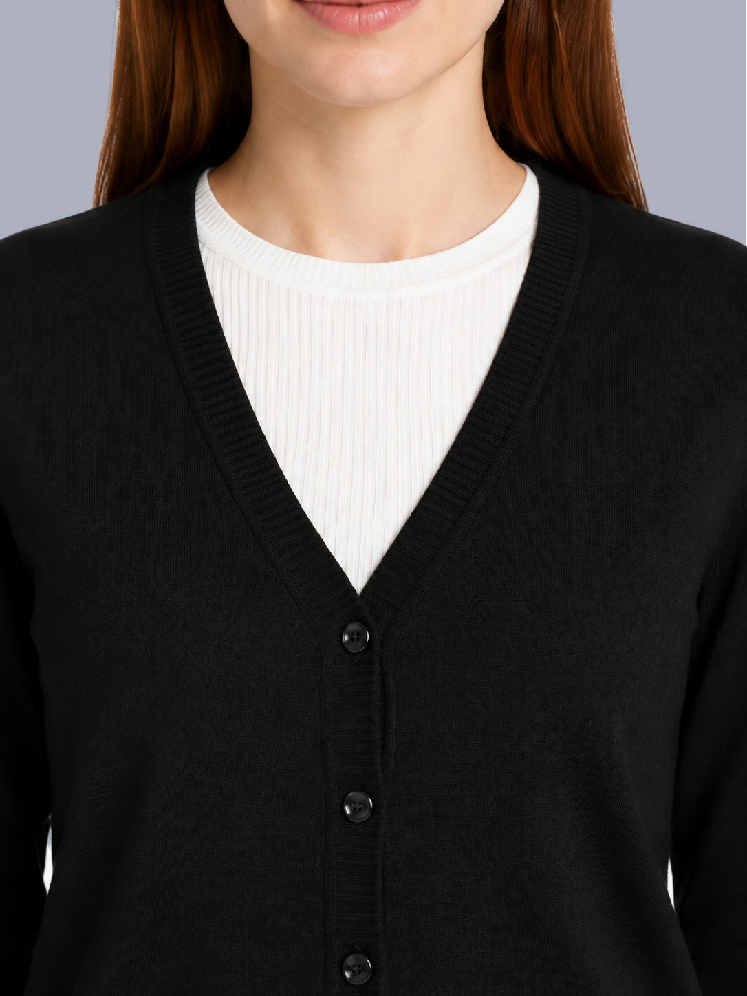 Women Black Solid V Neck Full Sleeve Cardigan