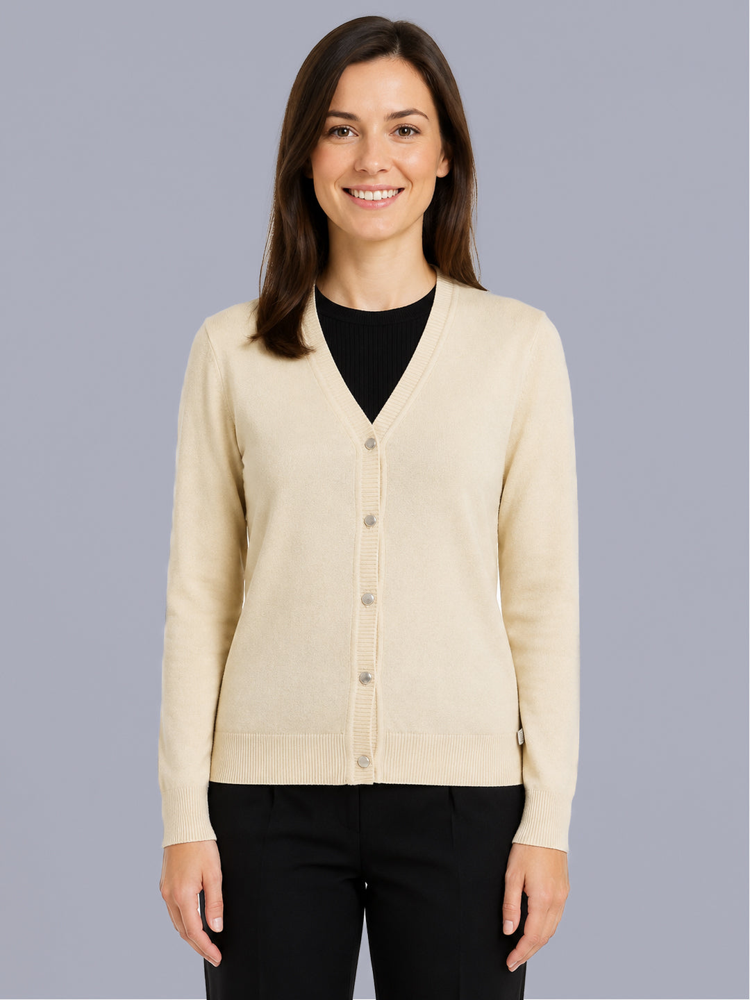 Women Beige Solid V Neck Full Sleeve Cardigan