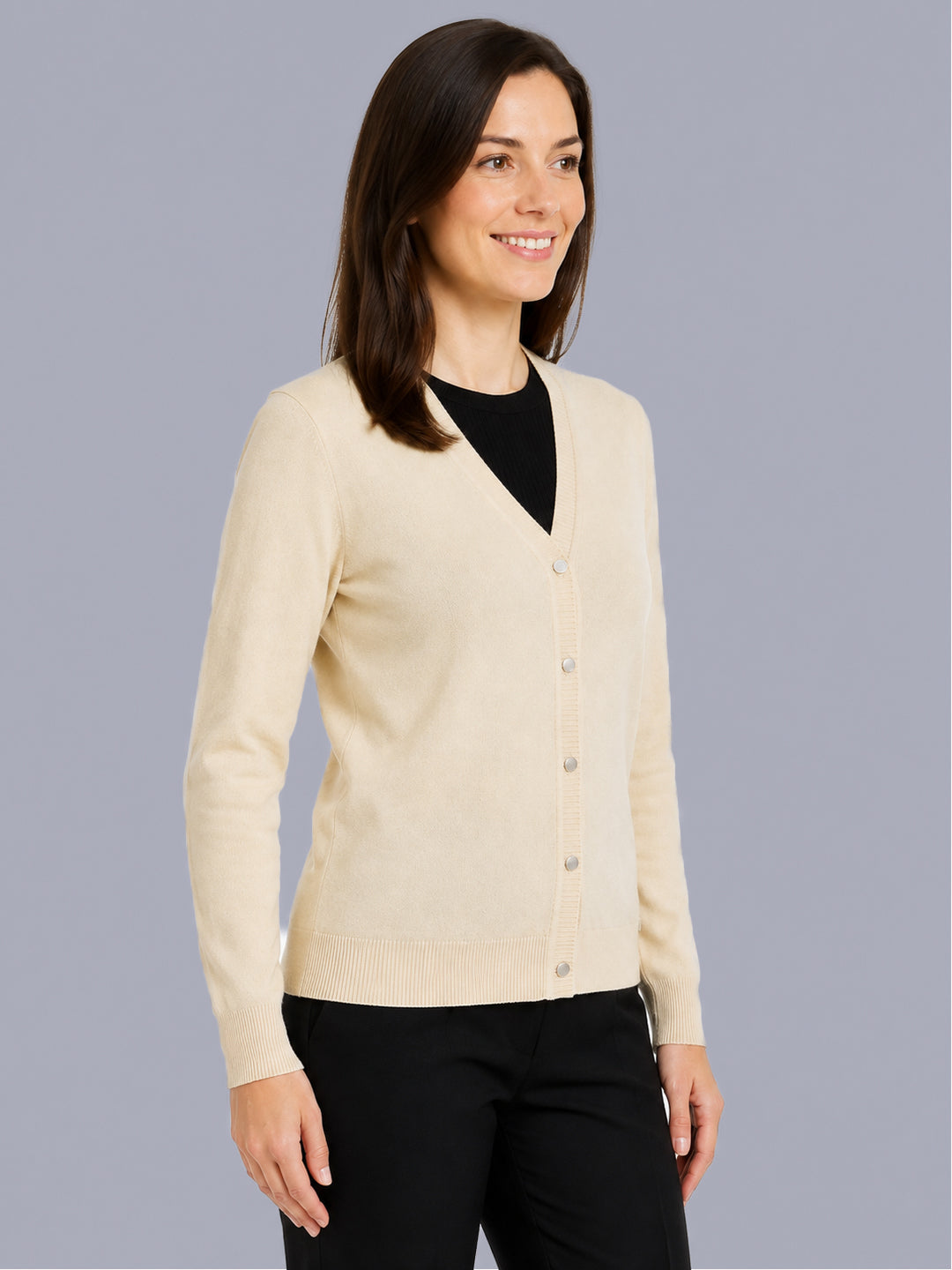 Women Beige Solid V Neck Full Sleeve Cardigan