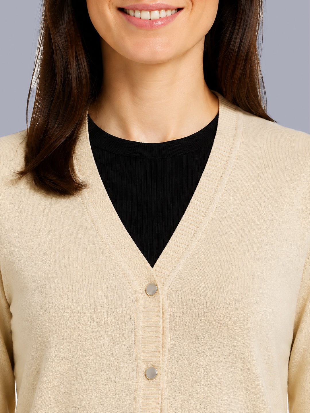 Women Beige Solid V Neck Full Sleeve Cardigan