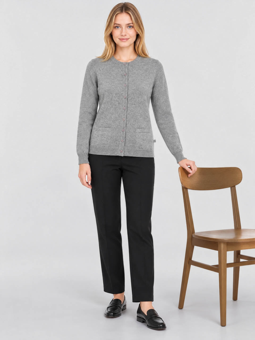 Women Grey Solid V Neck Full Sleeve Cardigan
