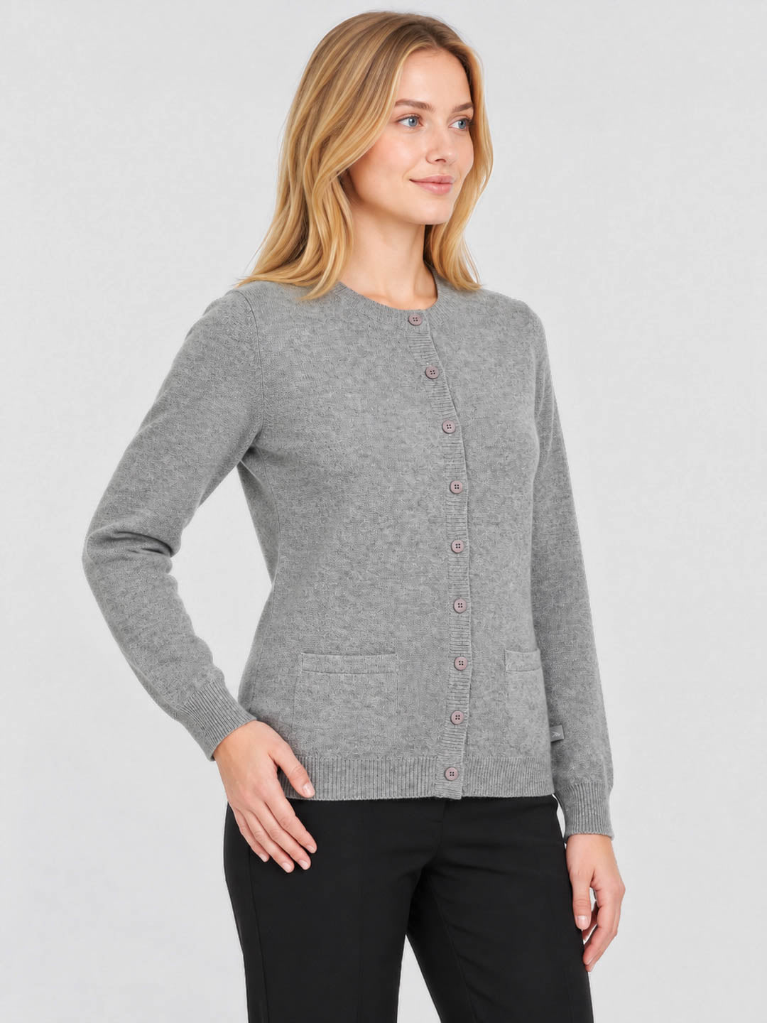 Women Grey Solid V Neck Full Sleeve Cardigan