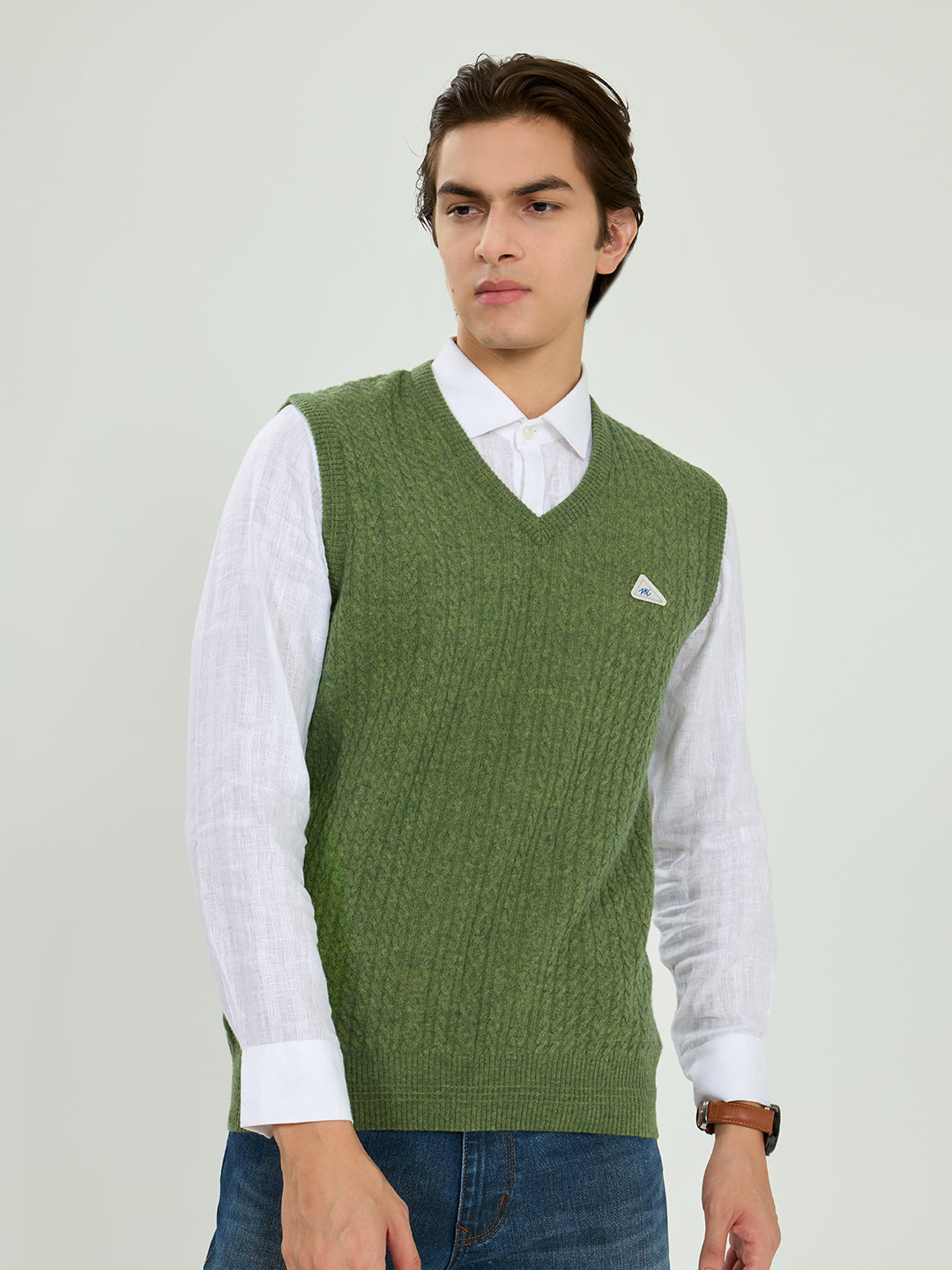 Men Green Self Design V Neck Sleeveless Sweater