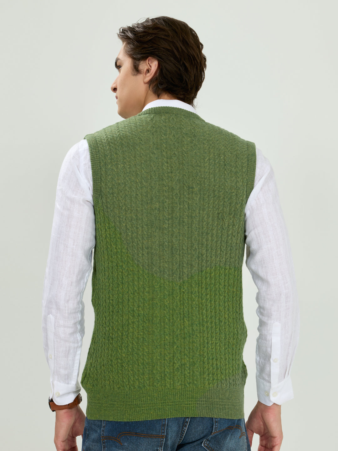 Men Green Self Design V Neck Sleeveless Sweater