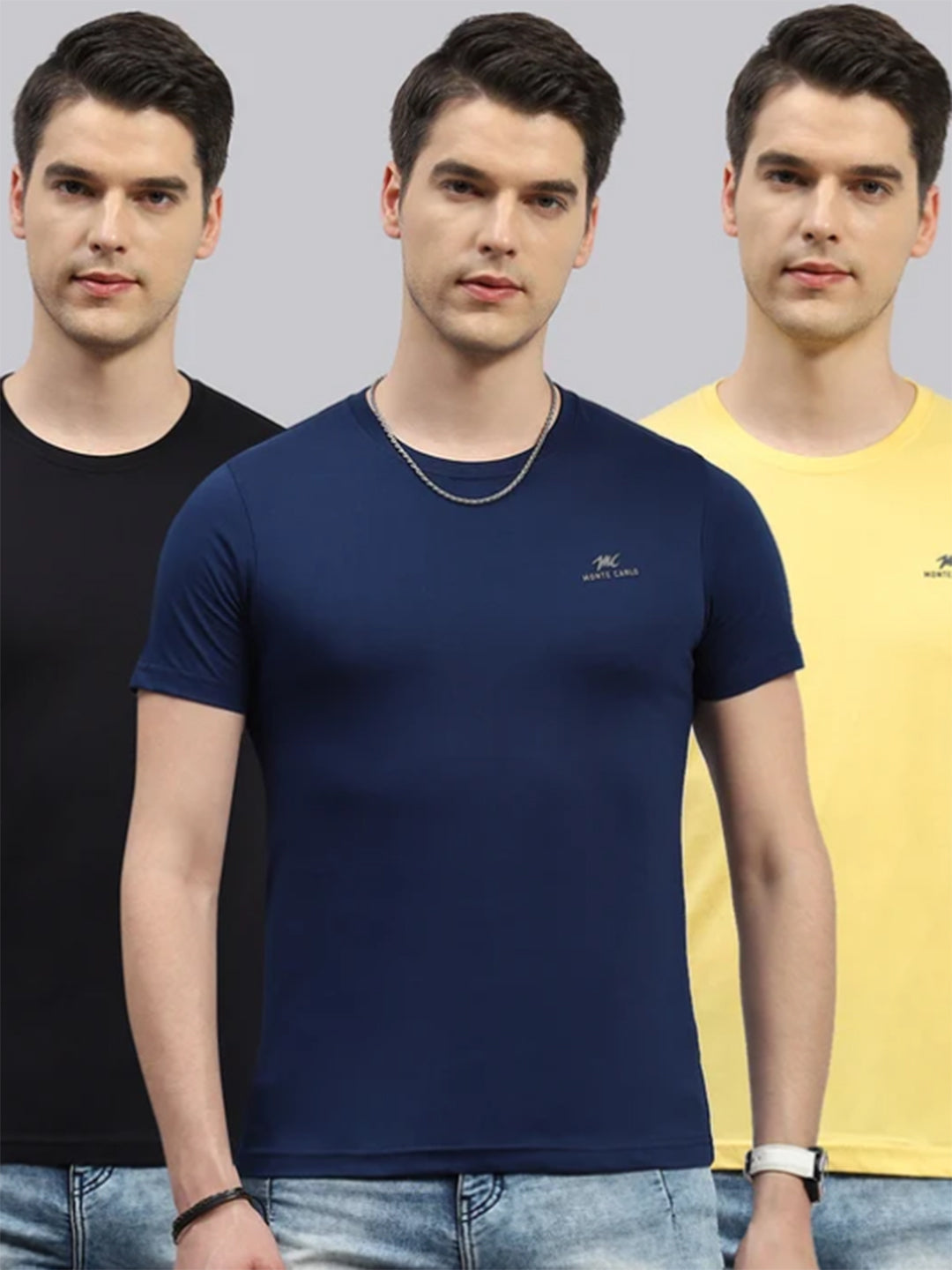 Monte Carlo Men Solid Round Neck Half Sleeve T-Shirt (Pack of 3)