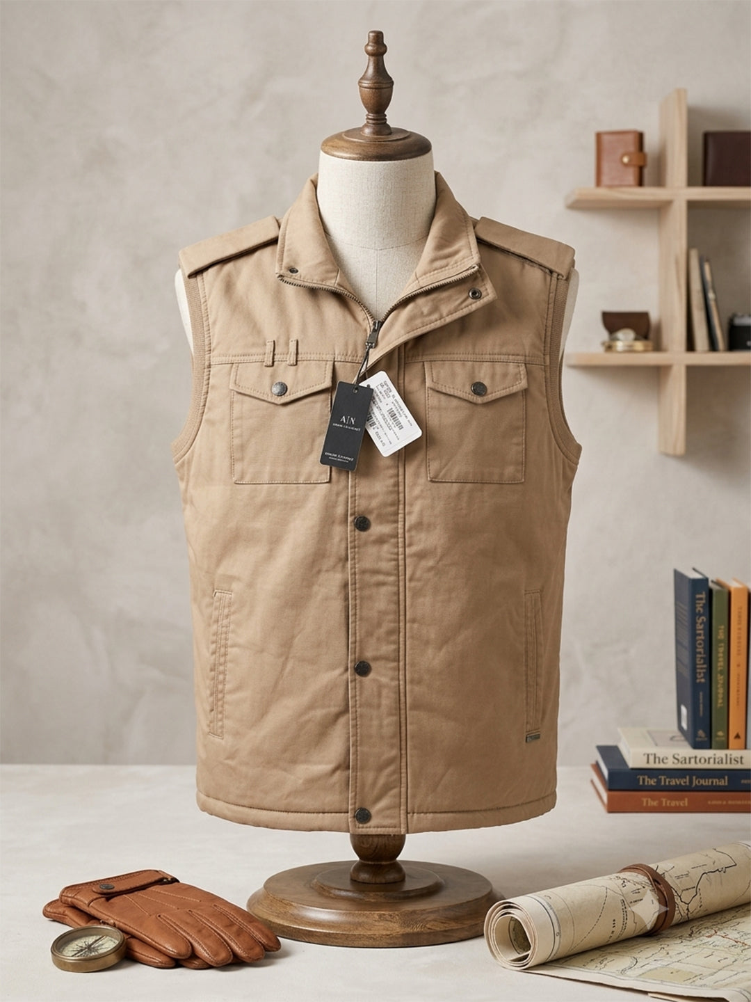 Monte Carlo Men Solid Khaki Sleeveless Winter Jacket for Police