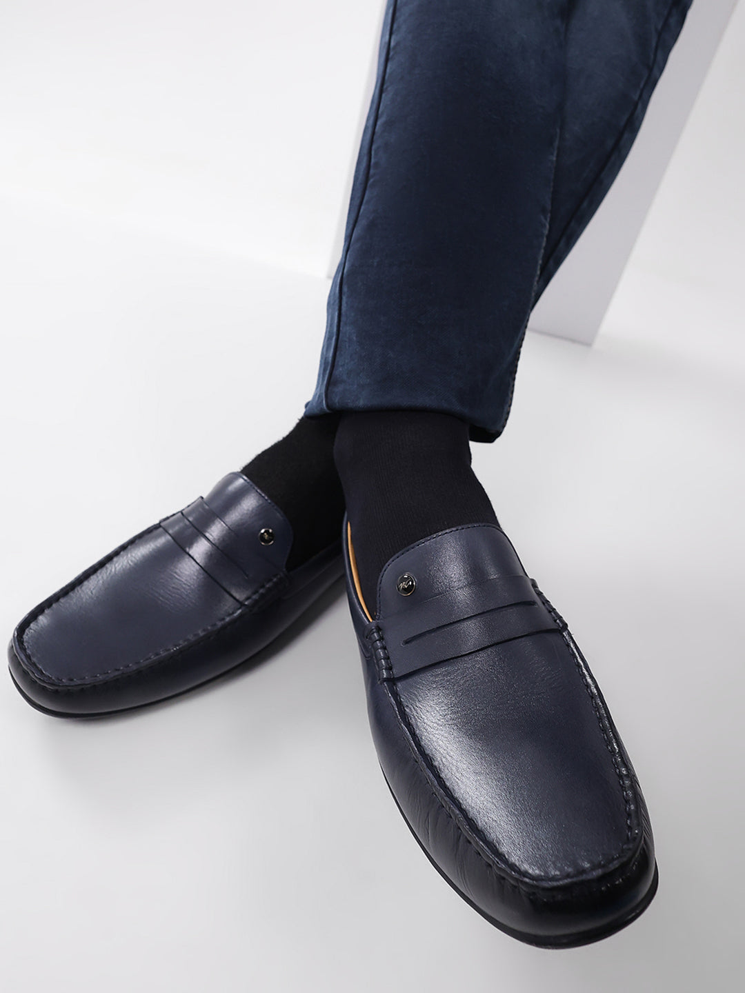 Men Navy Blue Slip on Genuine Leather Loafers