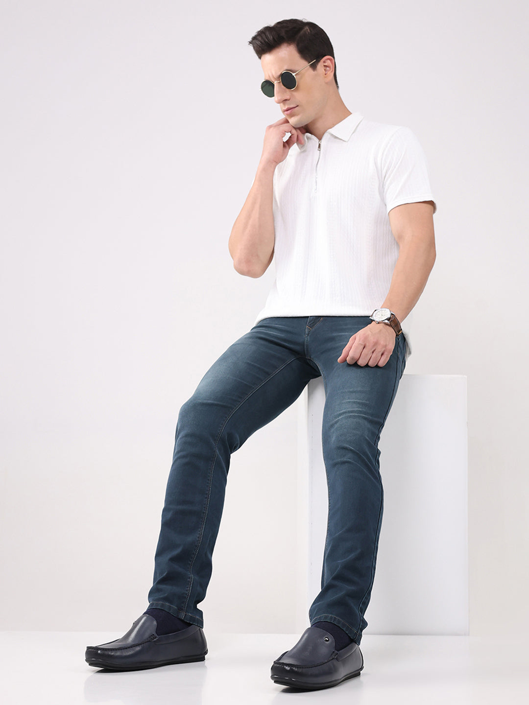 Men Dark Blue Slip on Genuine Leather Loafers