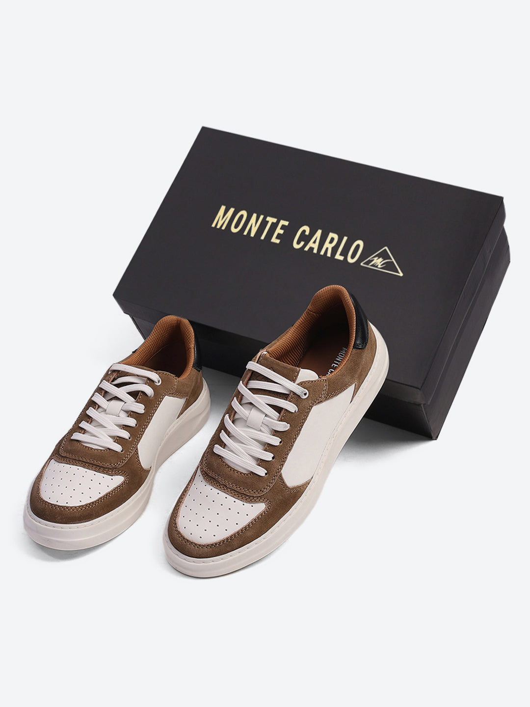 Men White & Tan Lace Up Genuine Leather Casual Sneakers